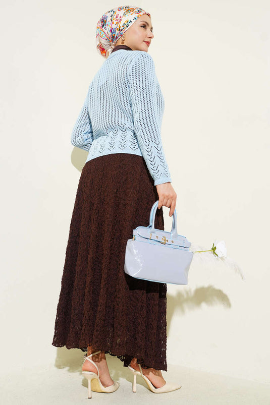 Gold Düğmeli Ajurlu Kısa Triko Hırka Mavi