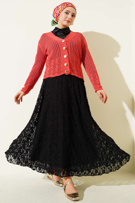 Coral Short Knit Cardigan with Gold Buttons and Openwork Design