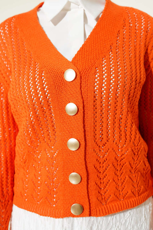 كارديغان قصير محبوك مزخرف بأزرار ذهبية برتقالي