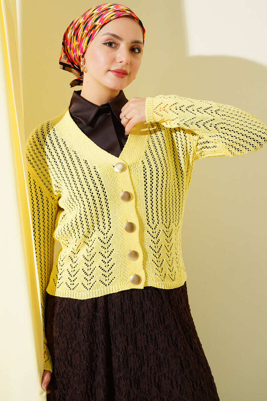 Cardigan court en tricot ajouré jaune avec boutons dorés