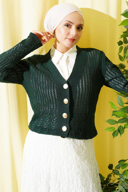 Gold Düğmeli Ajurlu Kısa Triko Hırka Zümrüt