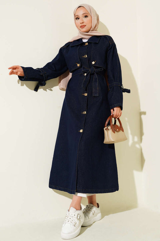 Gold Buttoned Epaulette Denim Trench Coat Navy Blue