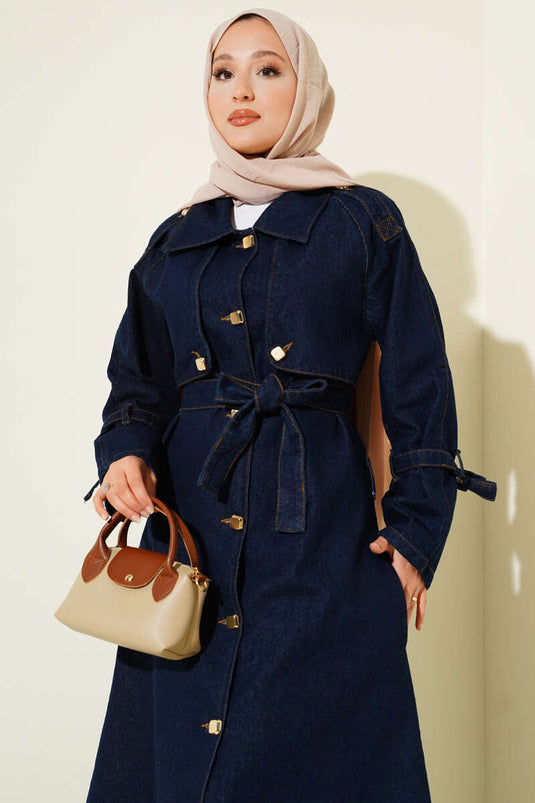 Gold Buttoned Epaulette Denim Trench Coat Navy Blue
