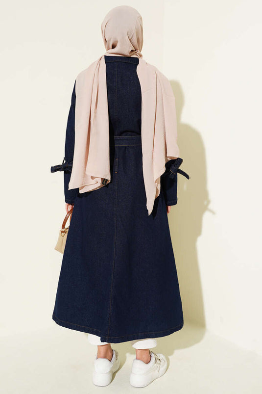 Gold Buttoned Epaulette Denim Trench Coat Navy Blue