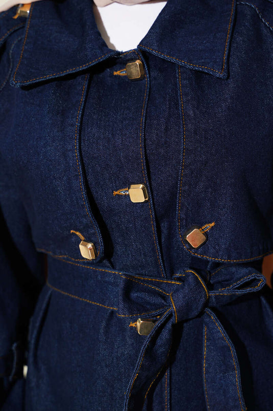 Gold Buttoned Epaulette Denim Trench Coat Navy Blue
