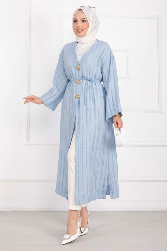 Gold Düğmeli Bağcıklı Uzun Kimono Bebe Mavisi