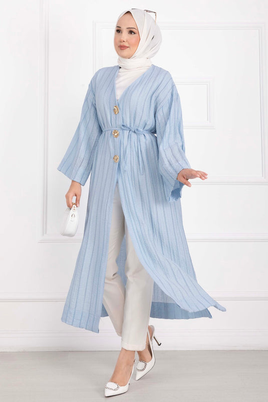 Gold Düğmeli Bağcıklı Uzun Kimono Bebe Mavisi