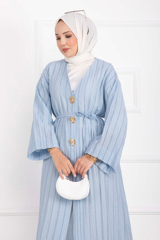 Gold Düğmeli Bağcıklı Uzun Kimono Bebe Mavisi