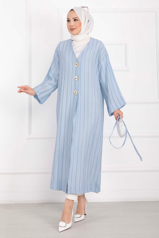 Gold Düğmeli Bağcıklı Uzun Kimono Bebe Mavisi