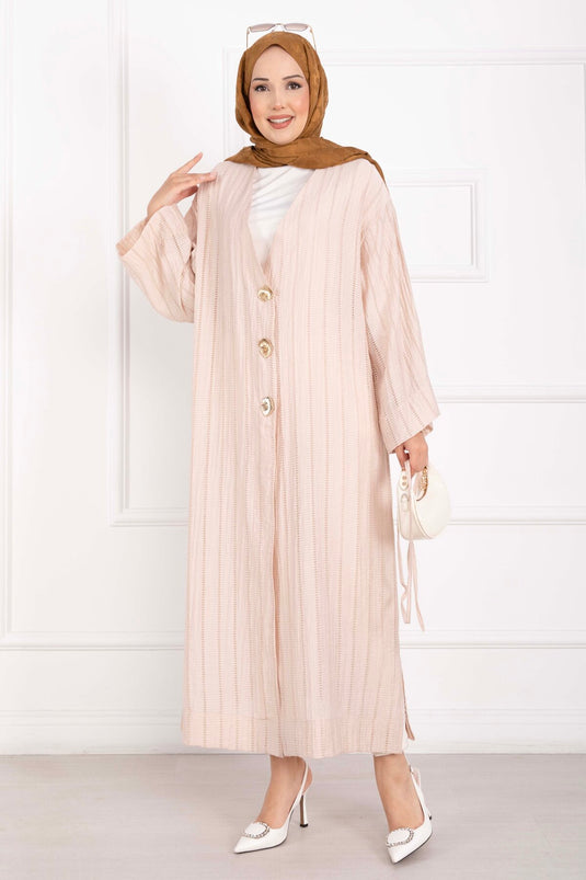 Gold Düğmeli Bağcıklı Uzun Kimono Bej