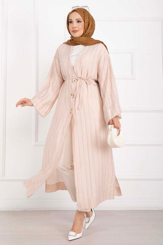Gold Düğmeli Bağcıklı Uzun Kimono Bej