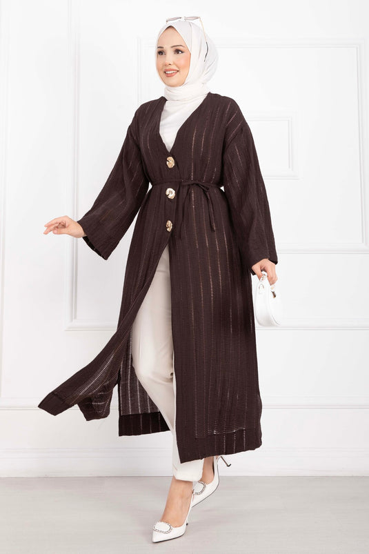 Gold Düğmeli Bağcıklı Uzun Kimono Kahve