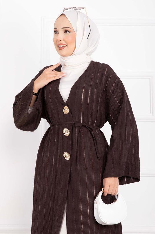 Gold Düğmeli Bağcıklı Uzun Kimono Kahve