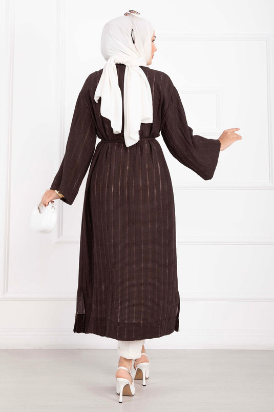 Gold Düğmeli Bağcıklı Uzun Kimono Kahve