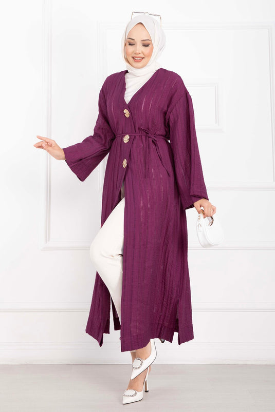 Gold Düğmeli Bağcıklı Uzun Kimono Mürdüm