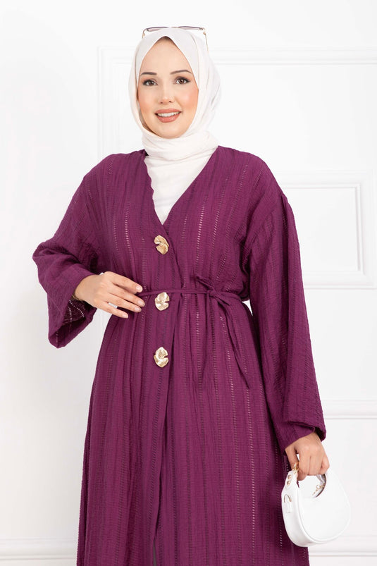 Gold Düğmeli Bağcıklı Uzun Kimono Mürdüm