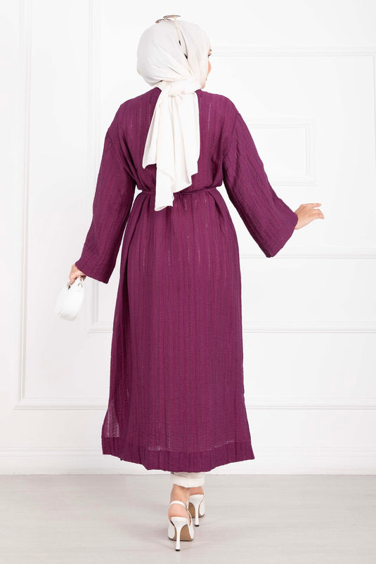 Gold Düğmeli Bağcıklı Uzun Kimono Mürdüm