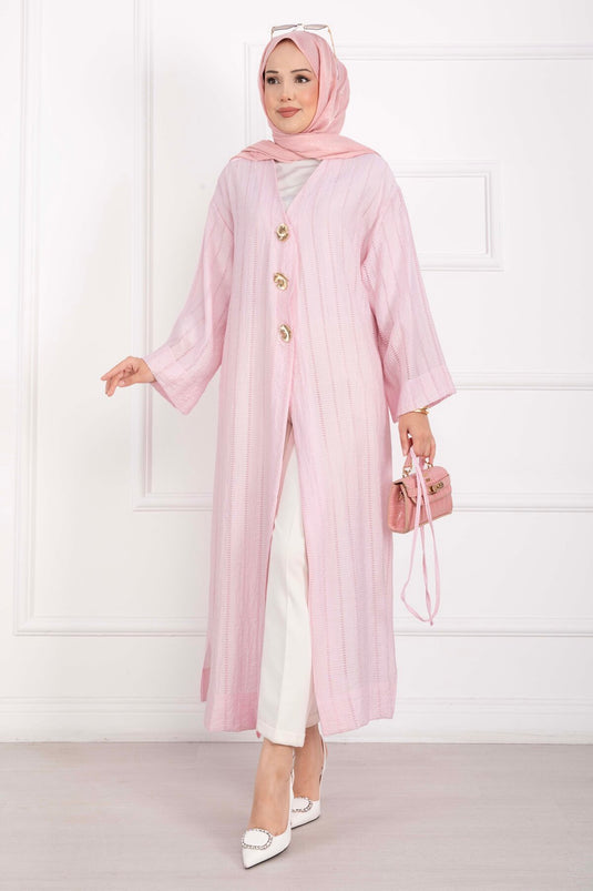 Gold Düğmeli Bağcıklı Uzun Kimono Pembe