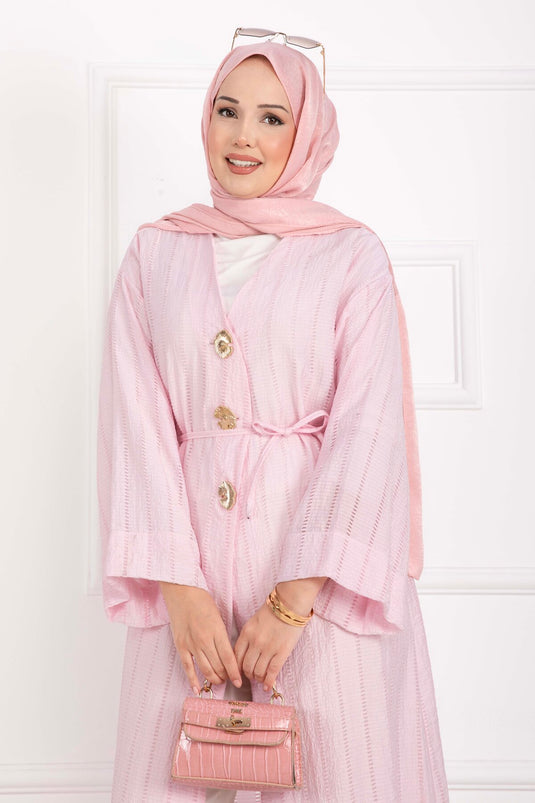 Gold Düğmeli Bağcıklı Uzun Kimono Pembe