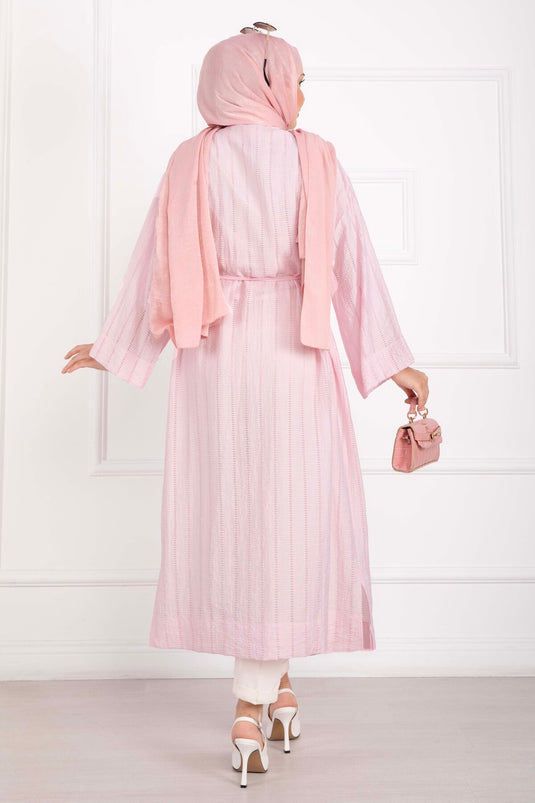 Gold Düğmeli Bağcıklı Uzun Kimono Pembe