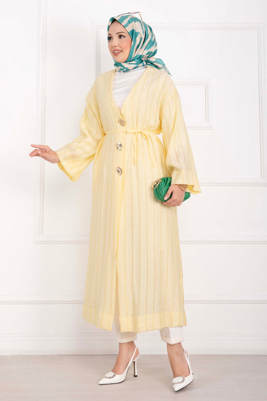 Gold Düğmeli Bağcıklı Uzun Kimono Sarı