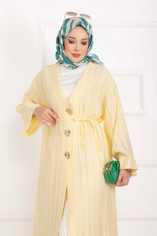 Gold Düğmeli Bağcıklı Uzun Kimono Sarı
