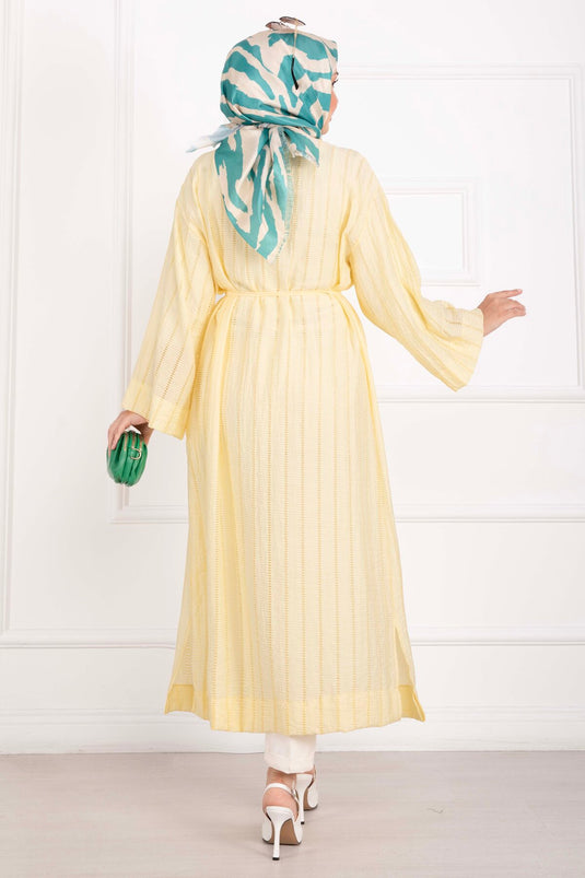 Gold Düğmeli Bağcıklı Uzun Kimono Sarı