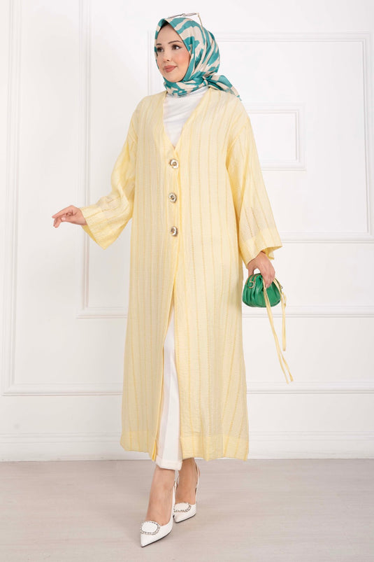 Gold Düğmeli Bağcıklı Uzun Kimono Sarı