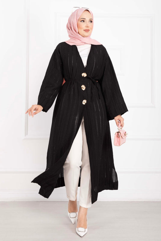 Gold Düğmeli Bağcıklı Uzun Kimono Siyah