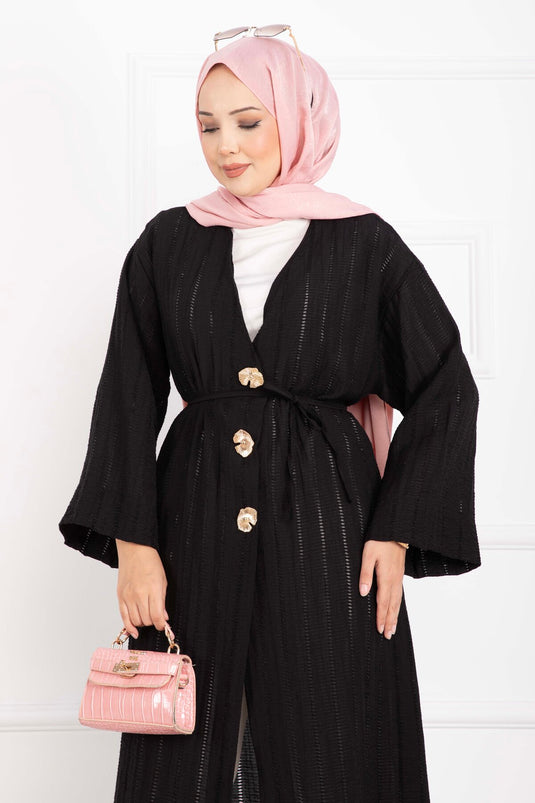 Gold Düğmeli Bağcıklı Uzun Kimono Siyah