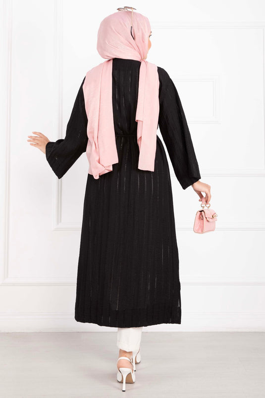 Gold Düğmeli Bağcıklı Uzun Kimono Siyah