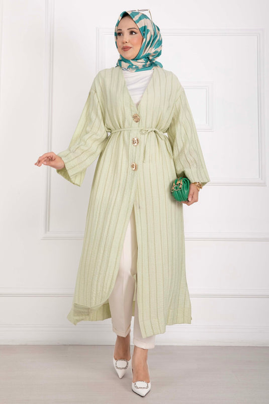 Gold Düğmeli Bağcıklı Uzun Kimono Yeşil Olive