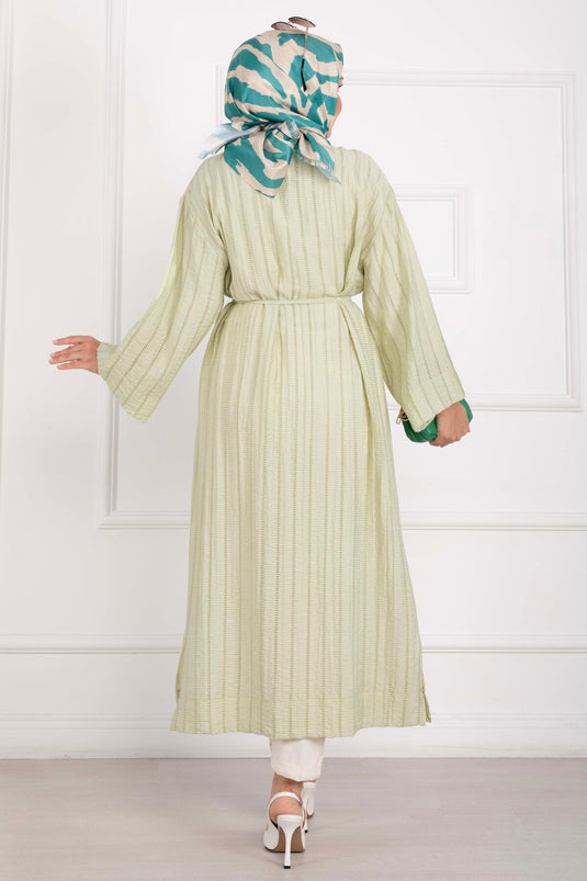 Gold Düğmeli Bağcıklı Uzun Kimono Yeşil Olive