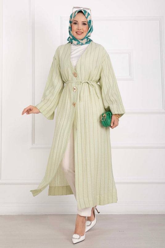 Gold Düğmeli Bağcıklı Uzun Kimono Yeşil Olive