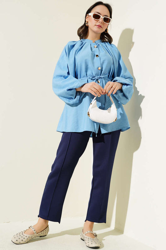 Chemise à manches ballon boutonnée dorée bleue