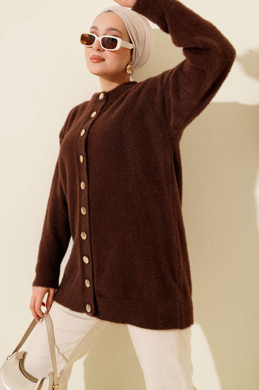 Basic Textured Knit Cardigan with Gold Buttons, Brown