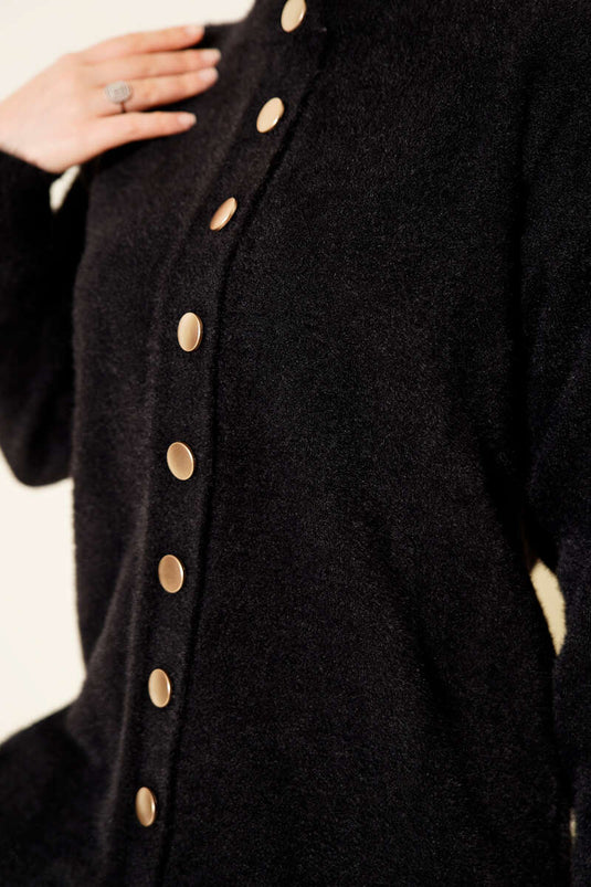 كارديجان أسود أساسي محبوك بنقشة بارزة وأزرار ذهبية