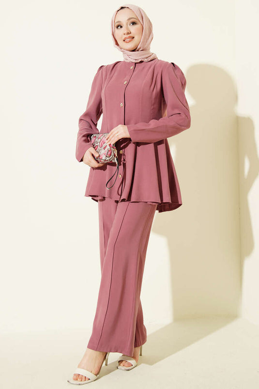 Gold Buttoned Basic Tensel Two-Piece Set Rosehip
