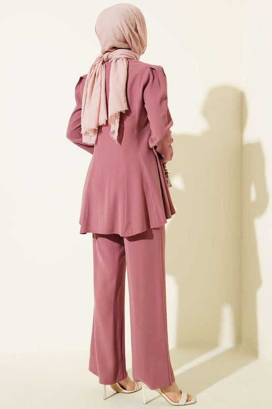 Gold Buttoned Basic Tensel Two-Piece Set Rosehip