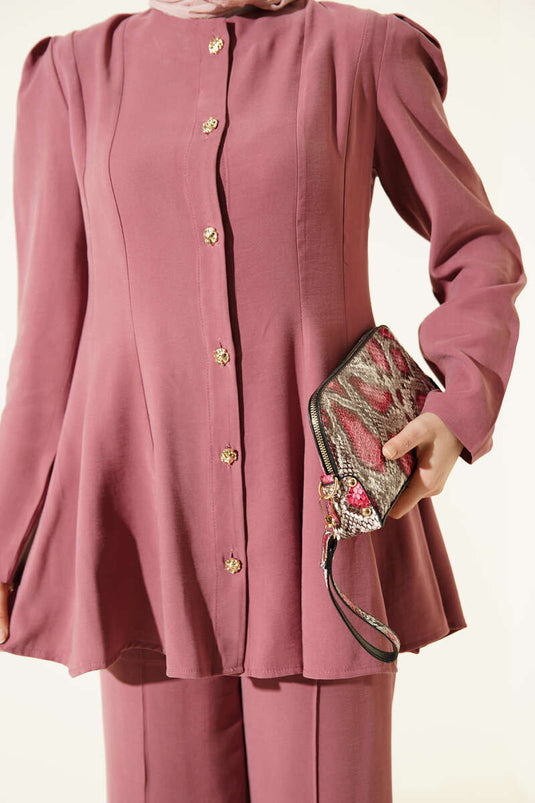 Gold Buttoned Basic Tensel Two-Piece Set Rosehip