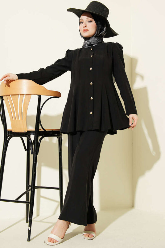 Gold Buttoned Basic Tensel Two-Piece Set Black