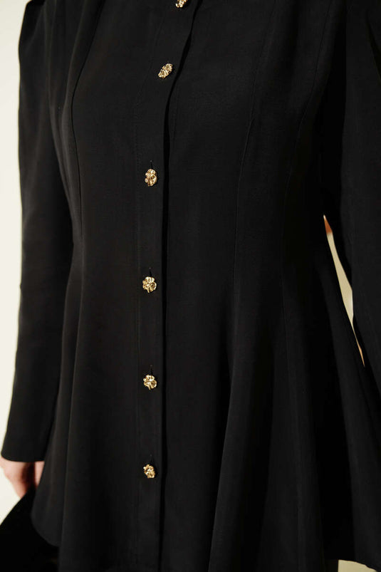 Gold Buttoned Basic Tensel Two-Piece Set Black