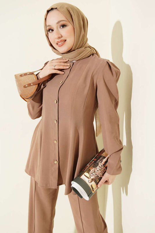 Gold Buttoned Basic Tensel Two-Piece Set Mink