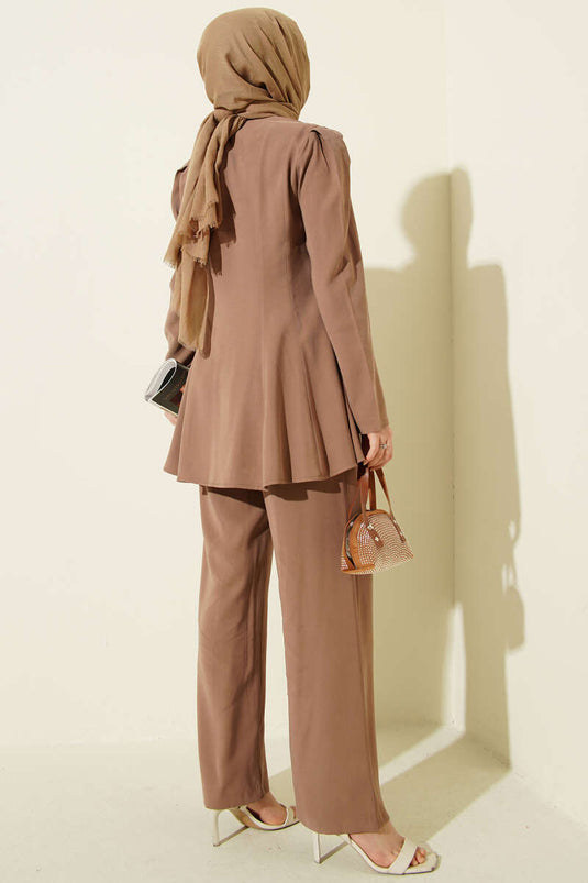 Gold Buttoned Basic Tensel Two-Piece Set Mink