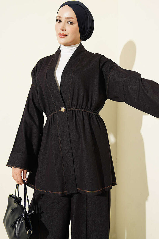Navy Zweiteiliger Mit Goldknöpfen Und Elastischer Taillegürtel