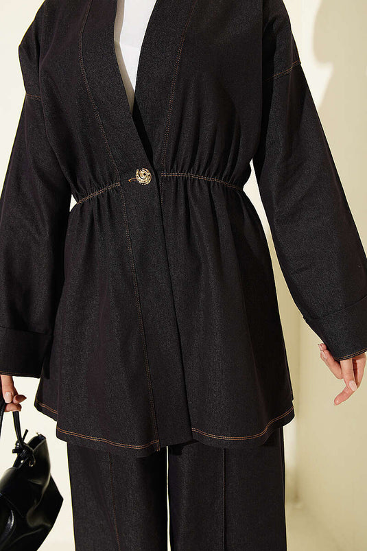 Navy Zweiteiliger Mit Goldknöpfen Und Elastischer Taillegürtel