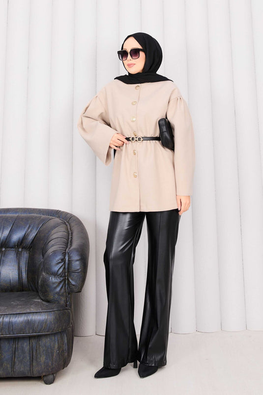 Gold Buttoned Pleated Waist Cashmere Cape Beige