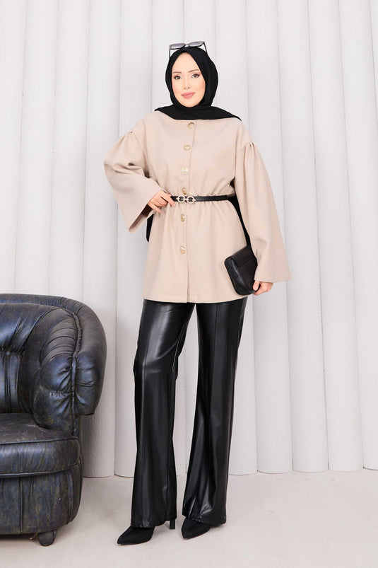 Gold Buttoned Pleated Waist Cashmere Cape Beige