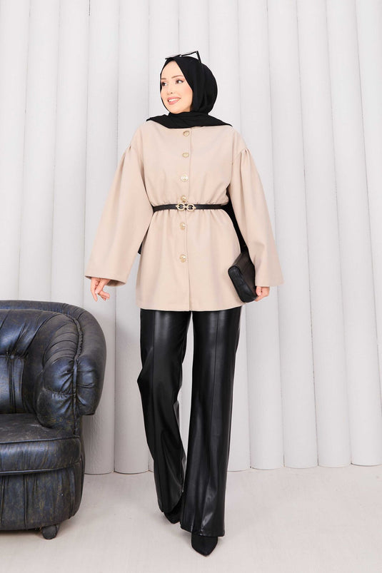 Gold Buttoned Pleated Waist Cashmere Cape Beige