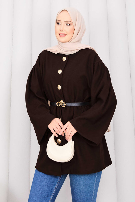 معطف كشمير بني اللون بأزرار ذهبية عند الخصر